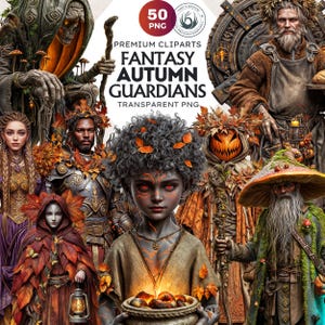 Puede incluir: Arte digital con guardianes fantásticos de otoño. La imagen incluye varios personajes con elementos temáticos de otoño, como hojas y calabazas. El texto "Fantasy Autumn Guardians" se muestra de forma destacada, junto con "50 PNG" y un logotipo de diseño.
