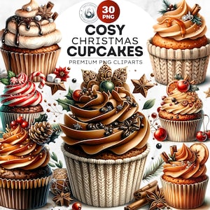 30 Cosy Christmas Cupcakes Clipart PNG | Christmas boho cupcake for Sublimation, Christmas Sweets Clipart, Traditional Cupcake PNG.