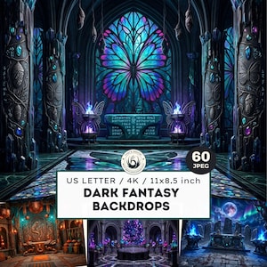 May include: A digital collection of 60 dark fantasy backdrops in 4K resolution, sized at 11x8.5 inches. The imagery features gothic stone architecture, stained glass butterfly motifs, glowing blue flames, and crystalline structures in a dark palette.
