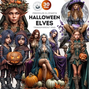 Puede incluir: Ilustración digital con múltiples personajes de elfos de fantasía con orejas puntiagudas, vestidos con atuendos temáticos de Halloween. La imagen incluye calabazas, un sombrero de bruja y el texto "Halloween Elves Transparent PNG". La paleta de colores incluye tonos de verde, morado y naranja.