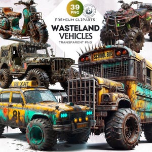 Wasteland vehicles Clipart Set, 39 rusted,dystopian vehicles in grunge style, rugged trucks, and junkyard masterpieces ideal for sublimation