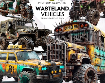 May include: A collection of five rusty, weathered, and heavily modified vehicles. A yellow school bus with a metal cage over the front windshield, a yellow taxi with a blue stripe, a green and black ATV, a green and blue scooter, and a green military jeep.