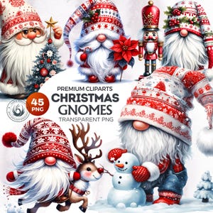 45 Watercolor Christmas Gnomes clipart Set, red and white christmas clipart PNG,Gingerbread, snowball, snowman, christmas tree, funny gnomes