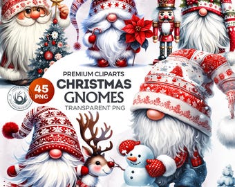 45 Watercolor Christmas Gnomes clipart Set, red and white christmas clipart PNG,Gingerbread, snowball, snowman, christmas tree, funny gnomes