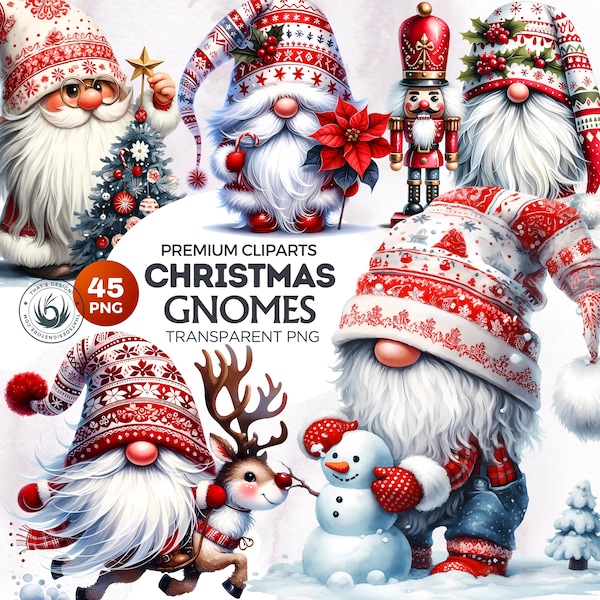 Aquarell Weihnachts-Wichtel-Clipart-Set: Roter und weißer Winter, Lebkuchen PNG (digitaler Download, kommerzielle Nutzung)