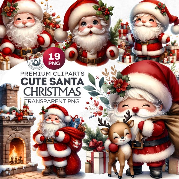 Watercolor Santa Clipart PNG, Christmas Graphics (Digital Download)