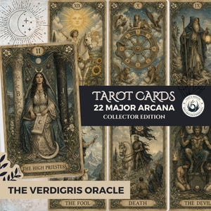 May include: A set of tarot cards titled The Verdigris Oracle, 22 Major Arcana Collector Edition. The cards feature detailed illustrations including The High Priestess, The Fool, Death, and The Devil, with muted tones and ornate borders.