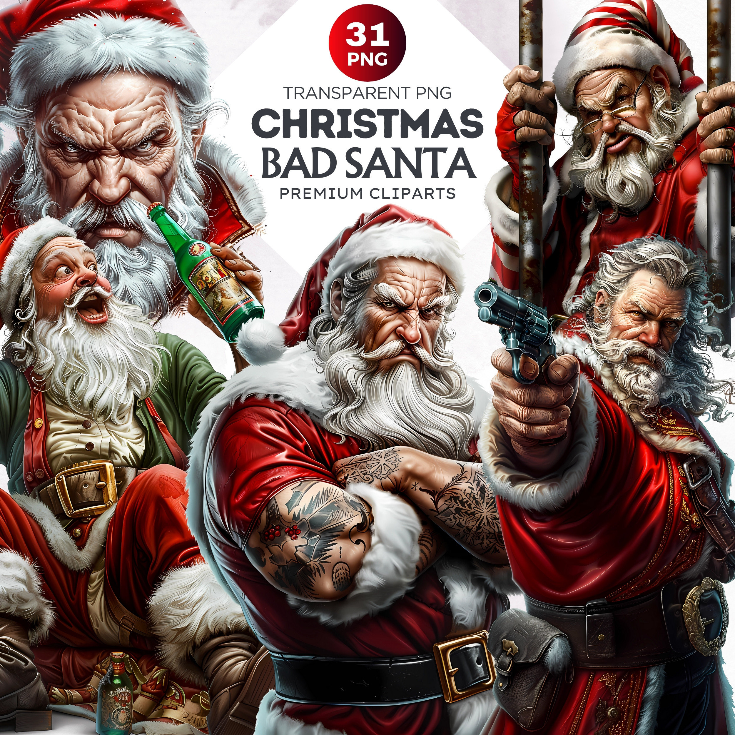 31 Bad Santa Clipart Set, Santa Claus Clipart, Christmas PNG, Christmas Clipart. Santa sublimation. Crafts, card making. Commercial use