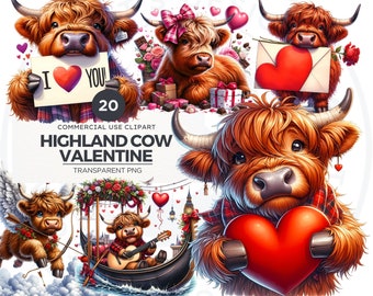 Valentine Highland Cow Clipart Set: Watercolor PNG Bundle (Commercial Use)