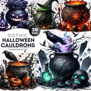 May include: A set of 39 digital illustrations of gothic Halloween cauldrons. The cauldrons are black, green, and orange with various spooky details. The illustrations are perfect for adding a spooky touch to your Halloween projects.
