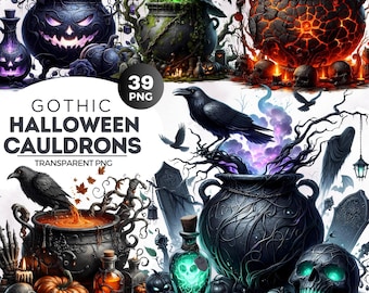 Gothic Halloween Witch Cauldron Clipart Set: Raven, Pumpkin (PNG, Digital Download, Commercial Use)