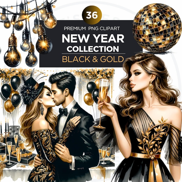 Watercolor Black & Gold New year Celebration Clipart Bundle | Glam Happy New year PNG Design for Sublimation and Crafts. Commercial Use