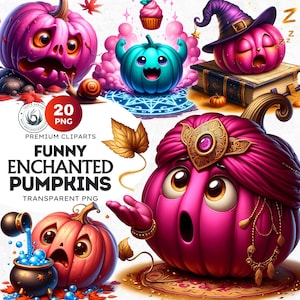 Funny Enchanted Halloween Pumpkins PNG Set, Cute Kawaii Halloween Witch Clipart for Kids halloween, Transparent background, Commercial use