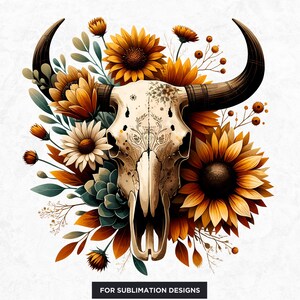 Rustic Bull skull PNG clipart Set, western PNG, Western Sublimation, floral cow skull with sunflower crafts and sublimation. Commercial use