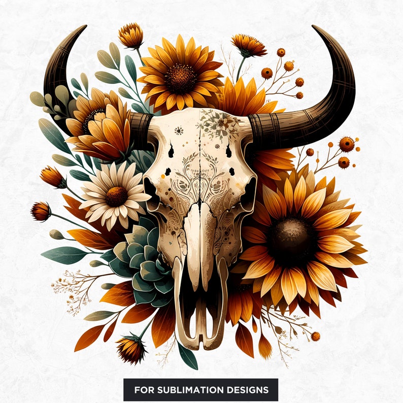 Rustic Bull skull PNG clipart Set, western PNG, Western Sublimation, floral cow skull with sunflower crafts and sublimation. Commercial use