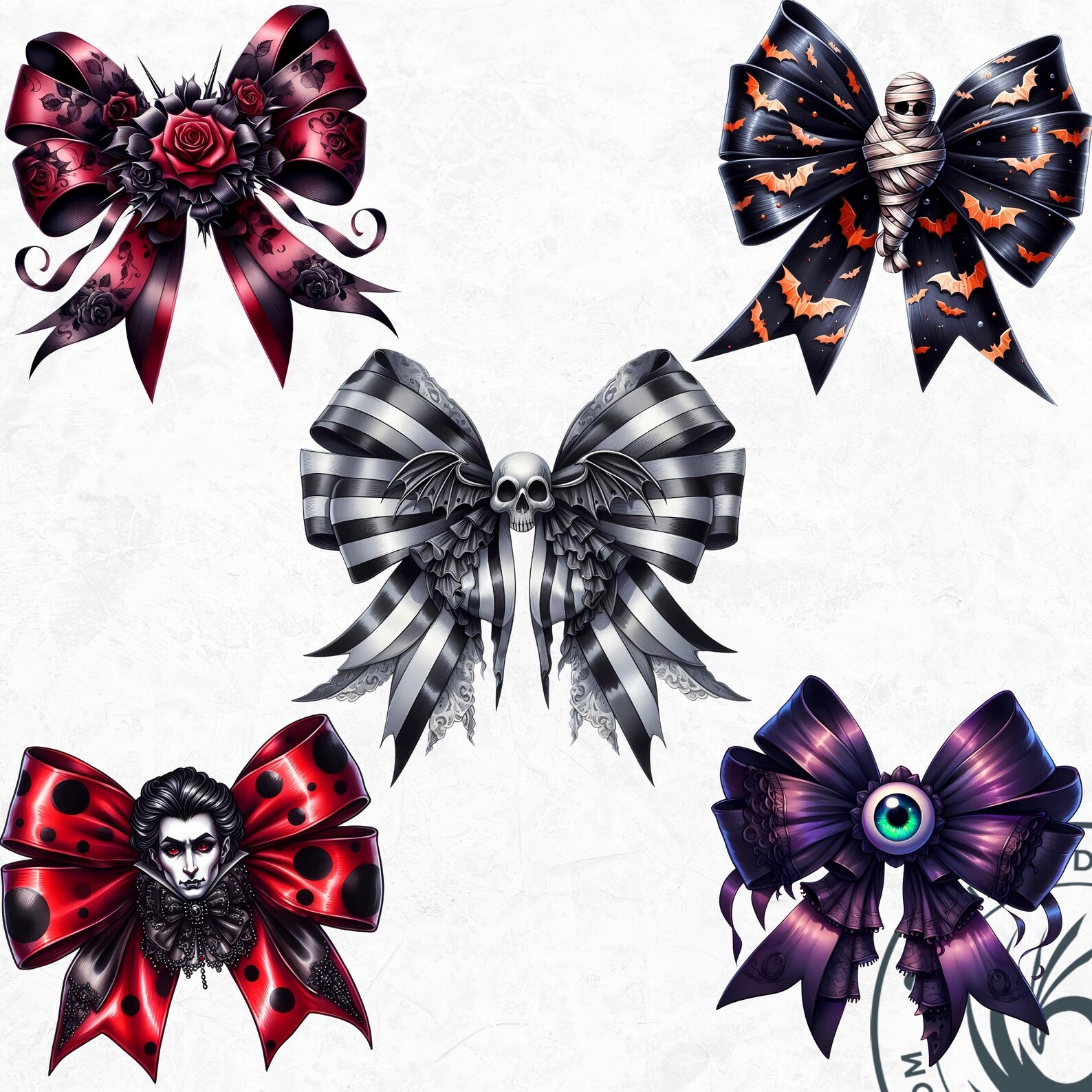 Gothic Halloween Bow Clipart Set: Spooky Characters (PNG Digital ...