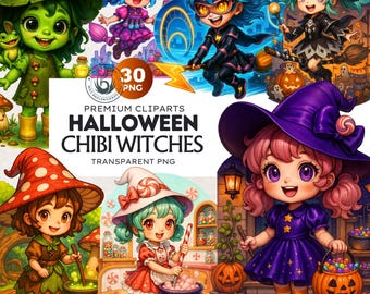 Halloween Chibi Witches Clipart | Spooky PNG Set (Digital Download