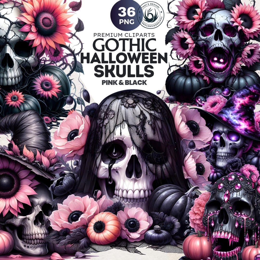 Floral Gothic Halloween Skulls Clipart Set: Pink \u0026 Black Spooky PNG, Pastel  Goth (PNG Download) - Etsy, image size:1080x1080
