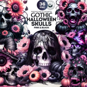Floral Gothic Halloween Skulls Clipart Set: Pink & Black Spooky PNG, Pastel Goth (PNG Download)