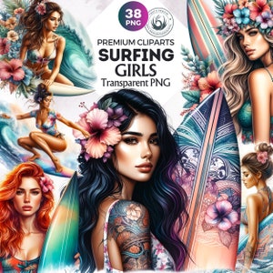 38 Aloha Surfing Girl Clipart-Set, Surfer Girl Clipart, Sommer Urlaub Clipart, Beach Girls Clipart, Png, Sommer Surfen, Surfbrett Clipart