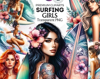 May include: A collection of 38 digital illustrations featuring women surfing with tropical flowers and surfboards. The illustrations are in a vibrant, colorful style and are perfect for use in digital scrapbooking, card making, and other creative projects.