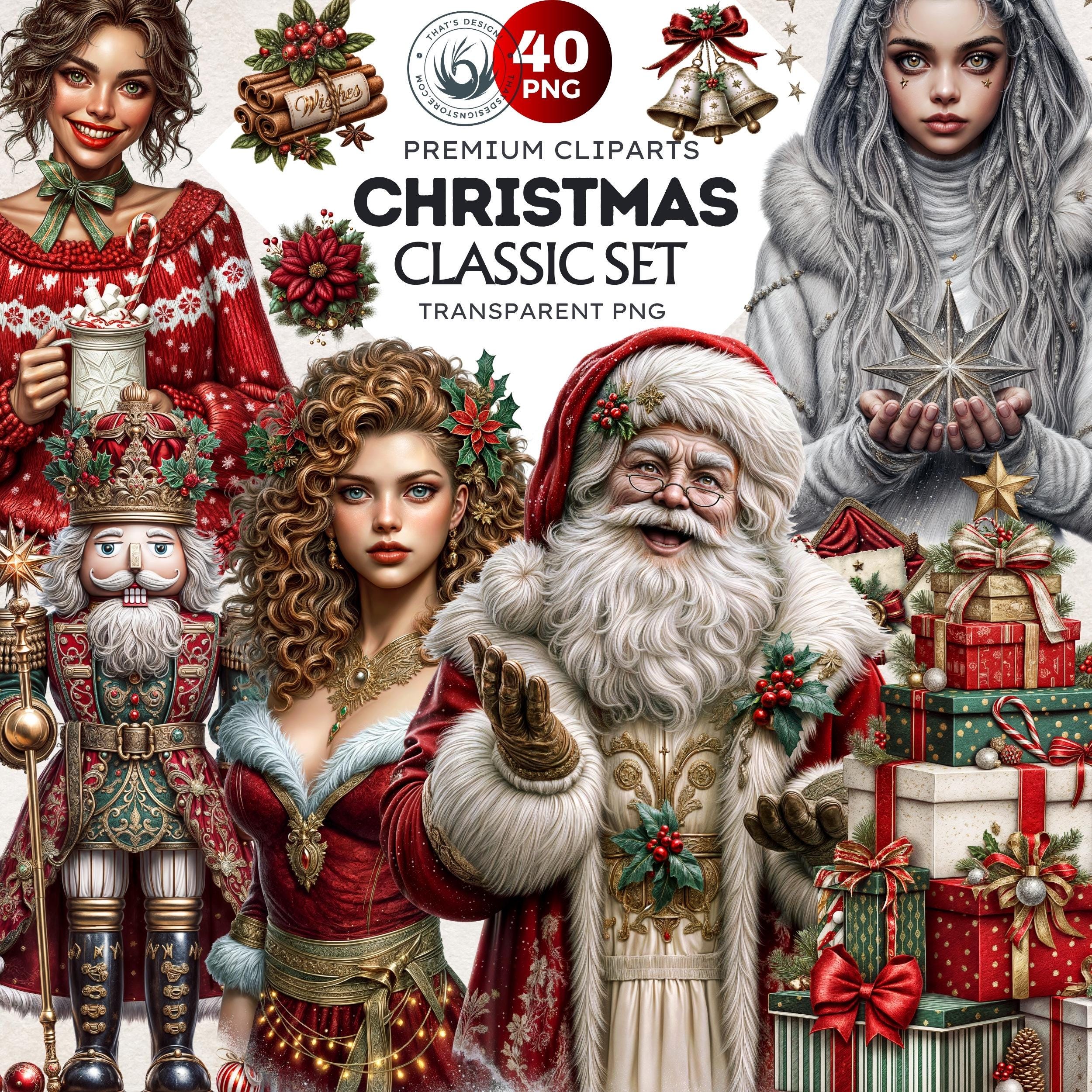 Classic Christmas Clipart Set. Vintage Christmas PNG for Sublimation, Christmas ornaments and Crafts, Santa, reindeer, santa girl, wreath