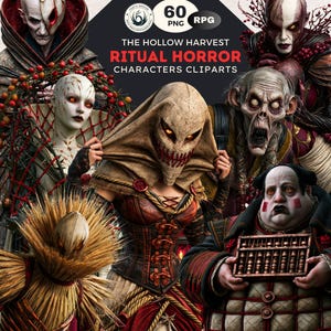 May include: A digital collection of 60 PNG files titled The Hollow Harvest Ritual Horror Characters Cliparts. The image features various horror-themed characters, including a figure in a burlap mask, a wheat-covered entity, and a person holding an abacus.