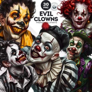 30 Evil clowns clipart, Horror clown, Spooky clipart, Fantasy Halloween clipart, Halloween png, mime,jester,harlequin, joker, buffoon, fool