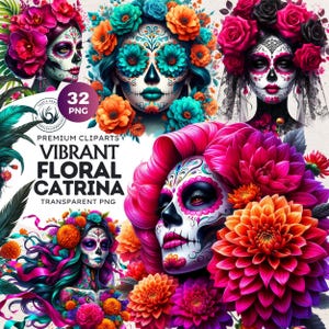 Floral La Catrina Day of the dead PNG Clipart Set, Vibrant Día de Muertos,Mexican Sugar Skull, Colorful calavera, crafts and sublimation
