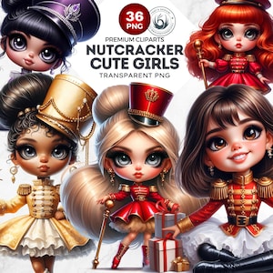 Pacote de clipart de meninas de Natal quebra-nozes – clipart de menina chibi de Natal, clipart fofo de Natal, ilustrações de menina de férias, menina Papai Noel PNG