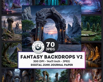 Fantasy Backdrops Landscape Digital Paper: RPG Backgrounds, Mystical Scenery, Medieval Junk Journal (70 JPEG)