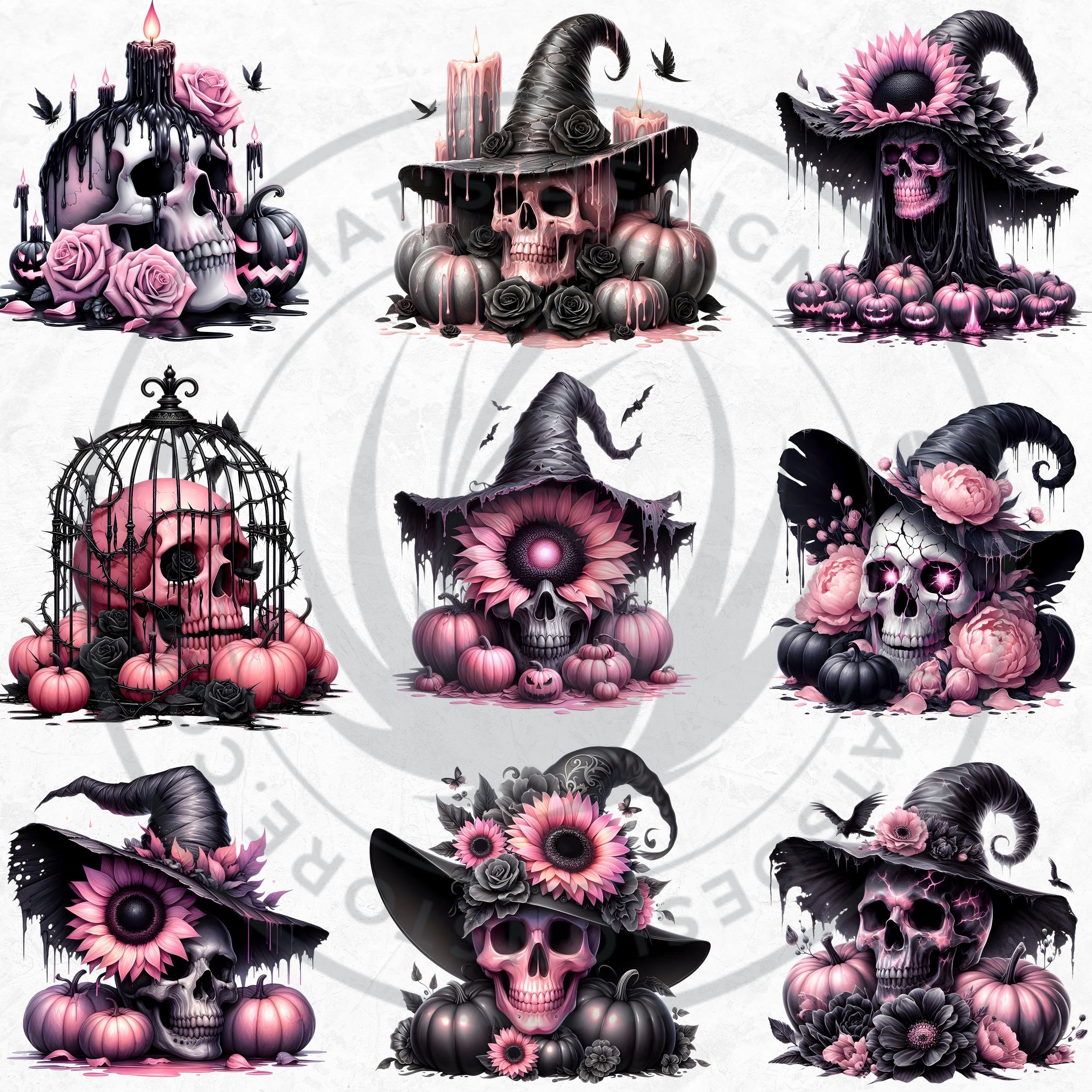 花柄ゴシックハロウィンスカルクリップアートセット：ピンク＆ブラック