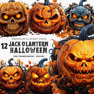 Creepy Halloween Pumpkin Clipart: Tribal Jack O&#39; Lantern PNG Bundle (Digital Prints)