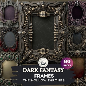 Gothic Dark Fantasy Frames, Ornate Borders, Skull Bone Motifs (60 PNG Files)