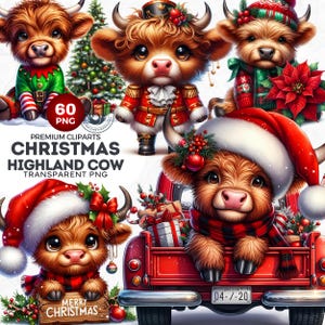 60 Christmas Highland Cows clipart Set, Cute christmas clipart PNG, Funny highland cow clipart, christmas cards, crafts and sublimation
