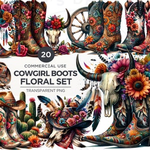 Cowgirl-Stiefel mit Blumen PNG Clipart, Boho-Western PNG, Western Sublimation, Cowboy-Stiefel, Cowgirl-Hut. Kunsthandwerk, Sublimation.Kommerzielle Nutzung