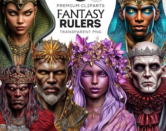 Imágenes prediseñadas de gobernantes fantásticos: Retratos de reyes y reinas de la mitología para juegos de rol (PNG, uso comercial, descarga)