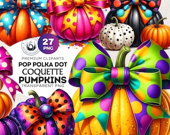 Polka Dot Pumpkin with Bow Clipart Set: Vibrant Coquette Halloween PNG (Commercial Use