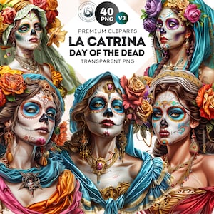 40 La Catrina Tag der Toten PNG Clipart Dia de Los Muertos Chicano Kunst, Blumenzuckerschädel, mexikanisches Halloween-Bundle. Kommerzielle Nutzung POD