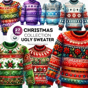 Christmas Ugly Sweater Clipart PNG - Watercolor Christmas Jumper Clipart | Christmas PNG Design for crafts and Sublimation, Commercial Use