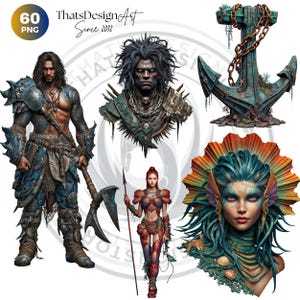 Deep Sea Fantasy Clipart PNG Set, Siren Mermaid Clipart, Underwater clipart, Ocean Mythology, Atlantis decor, Nautical Fantasy, Sea God