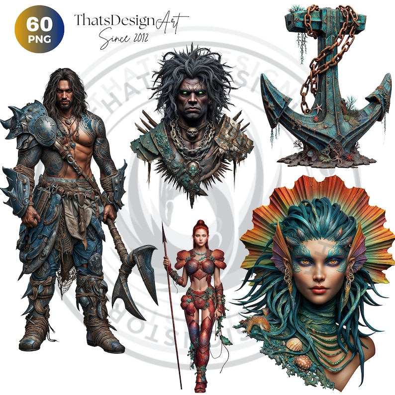 Deep Sea Fantasy Clipart PNG Set, Siren Mermaid Clipart, Underwater clipart, Ocean Mythology, Atlantis decor, Nautical Fantasy, Sea God