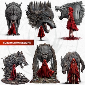 Dark Little red riding hood Clipart Set, Gothic Fantasy clipart, hunter, wolf clipart, Fairytale PNG sublimation, Scrapbook, Junk Journal