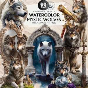 Watercolor Mystic Wolves Clipart PNG Bundle, Fantasy wolf for DIY Card, Junk Journal, Scrapbooking, Commercial use!