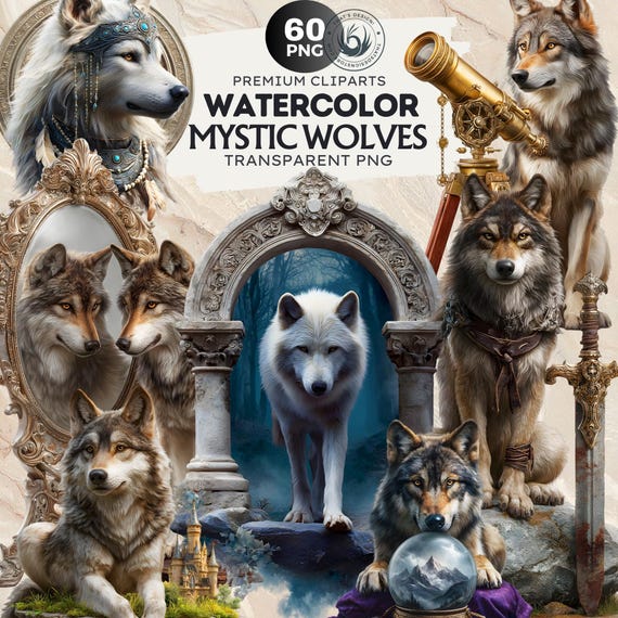 Watercolor Mystic Wolves Clipart, Fantasy PNG Bundle