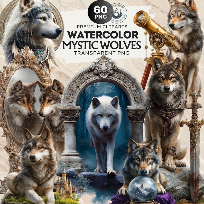 Watercolor Mystic Wolves Clipart PNG Bundle, Fantasy wolf for DIY Card, Junk Journal, Scrapbooking, Commercial use!