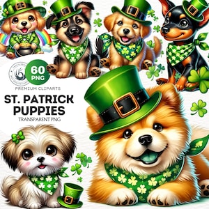Ensemble de 60 cliparts chiots de la Saint-Patrick, chien Saint Patrick, clipart lutin PNG, animal porte-bonheur, trèfle PNG. Artisanat, conceptions de sublimation