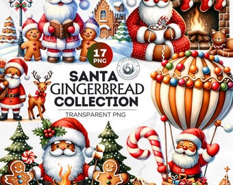 May include: A collection of 17 digital illustrations featuring Father Christmas and gingerbread characters. The illustrations include Father Christmas in a red suit, gingerbread people, a gingerbread house, a hot air balloon, and a gingerbread man with a candy cane. The illustrations are perfect for creating festive crafts, cards, and decorations.