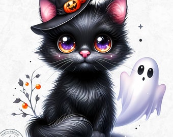 48 Halloween Black Cat Clipart: Watercolor Witch Cats (PNG) - Etsy
