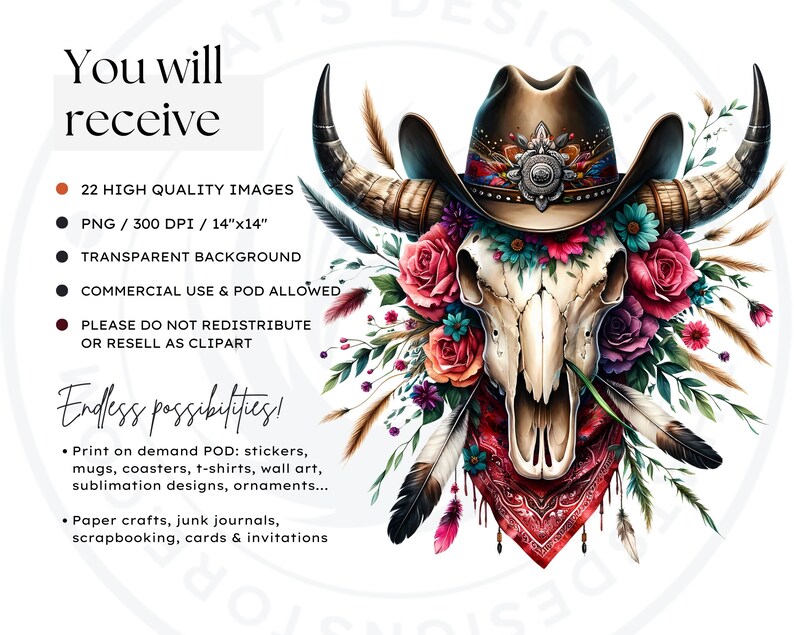 Floral Bull skull PNG clipart, Boho western PNG, Western Sublimation, floral cow skull with feathers crafts and sublimation. Commercial use